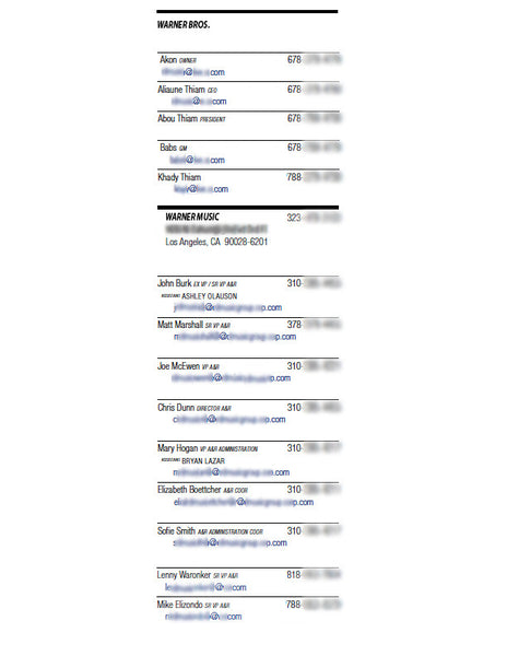 Email Addresses and Phone Numbers for Execs at Interscope Records